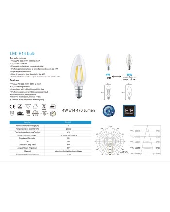 BOMBILLA LED - E14 VELA FILAMENTO - 4W - 2700K - 400Lm - 360º